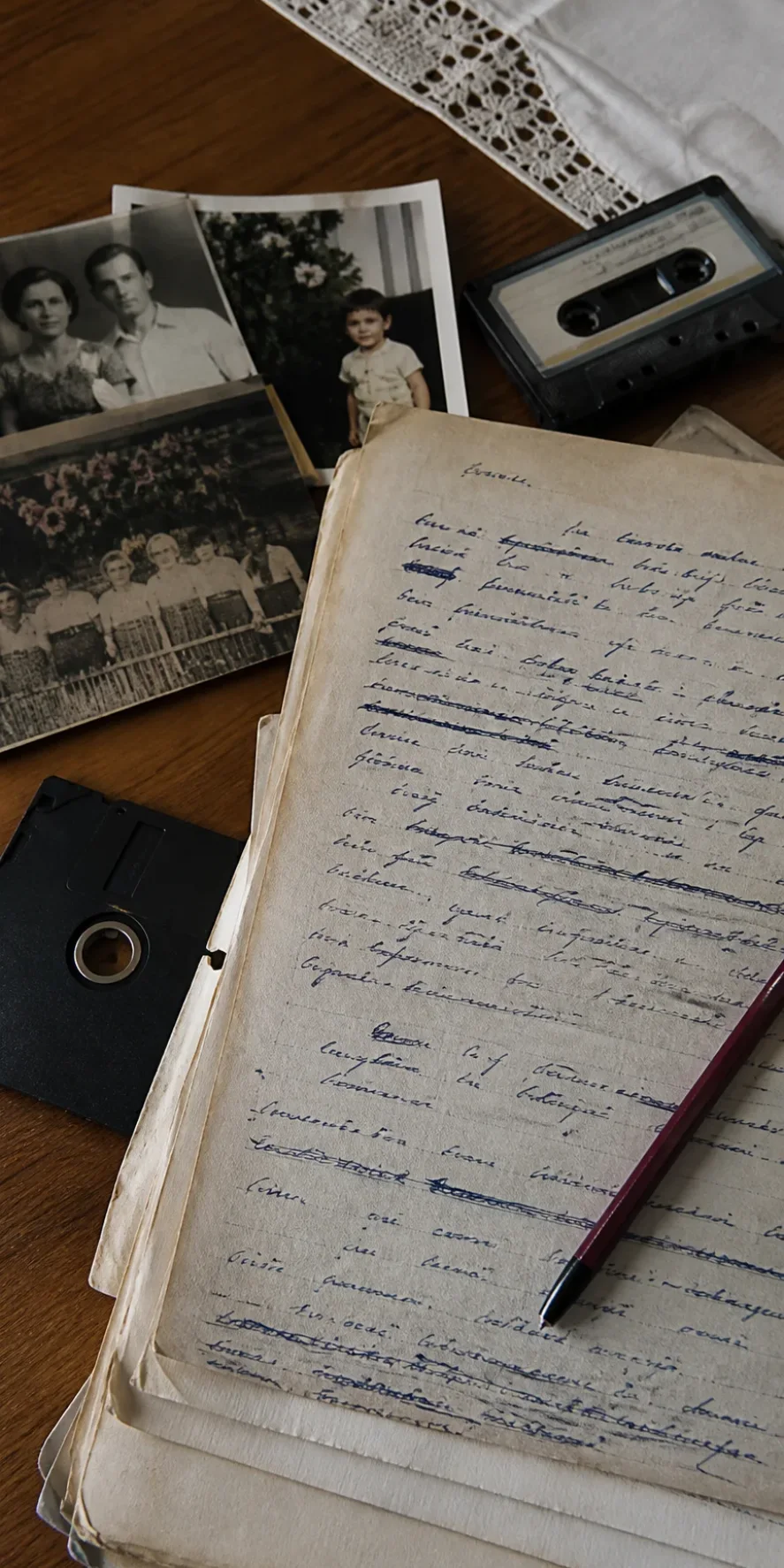 Manuscris cu corecturi, fotografii vechi, casetă audio și dischetă pe masă