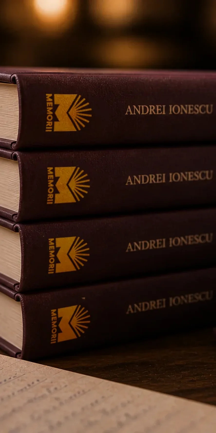 Teanc de cărți burgundy cu logo auriu Memorii pe cotor